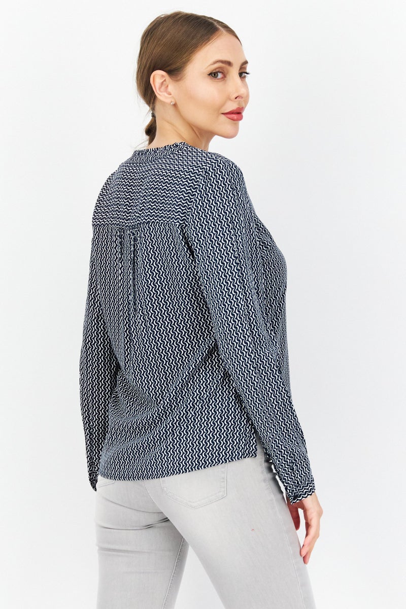 Zero Women Split Neck Long Sleeve Allover Print Blouse, Black - Image 3